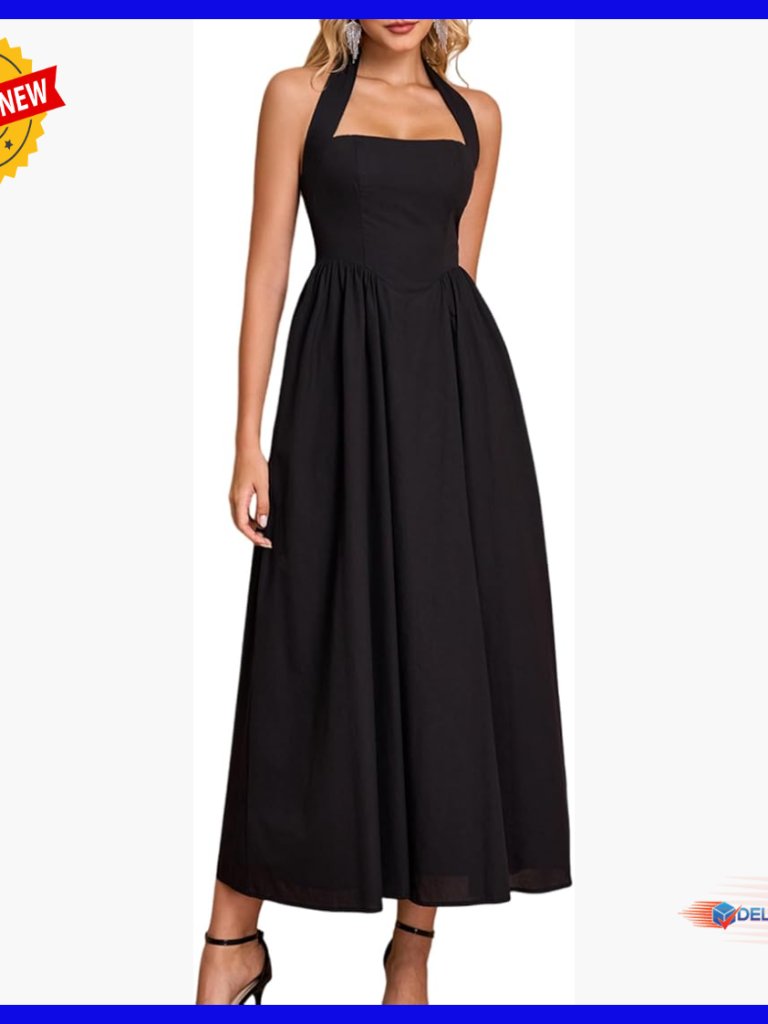 Halter Midi Dress Corset A-Line Tea Party Sundress With Pockets